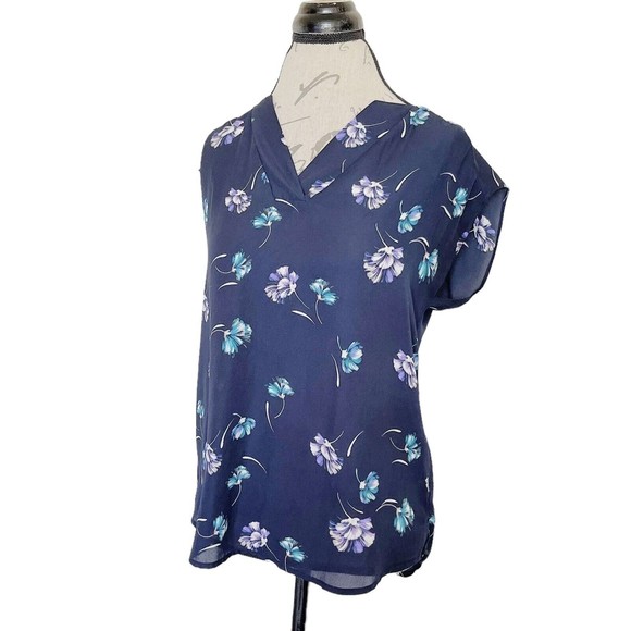 Banana Republic Womens Blouse Size XS Floral Artsy V Neckline Blue Office Wear - Picture 3 of 11